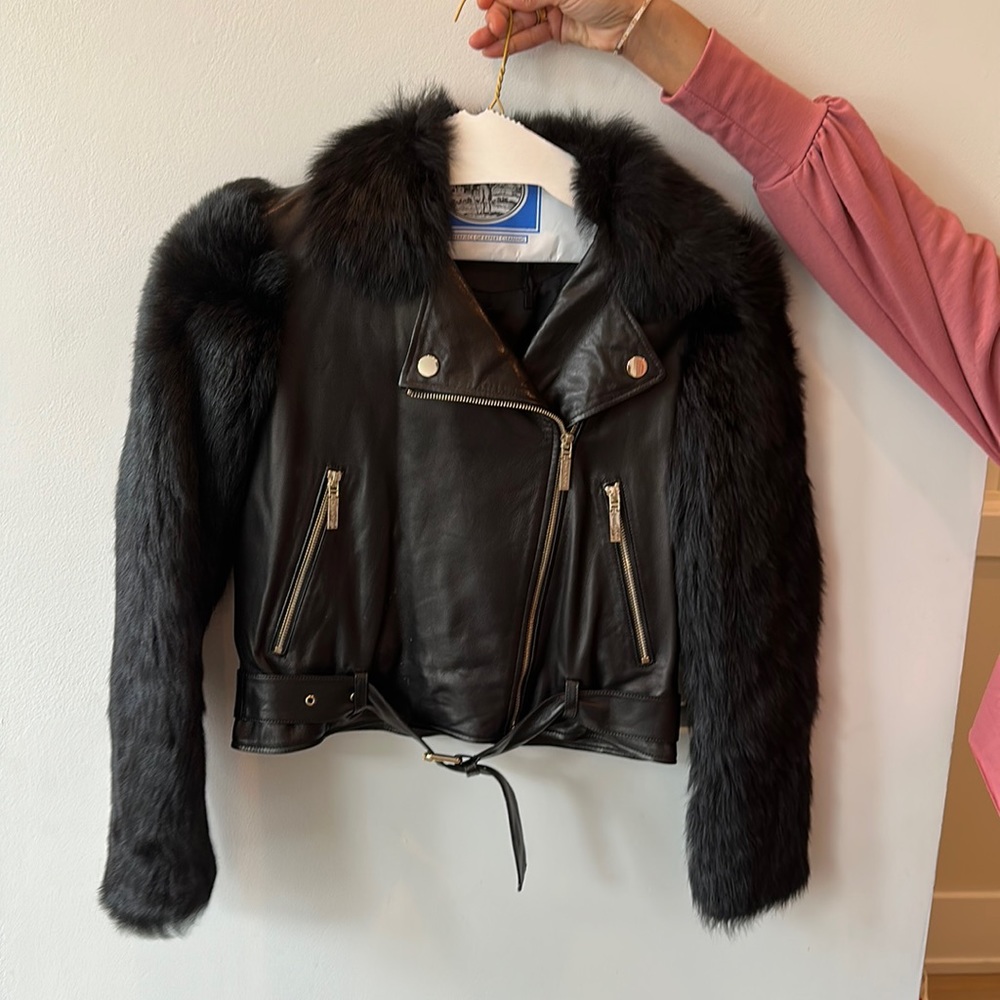 Uterque Black Patent Calfskin and Shearling Jacket